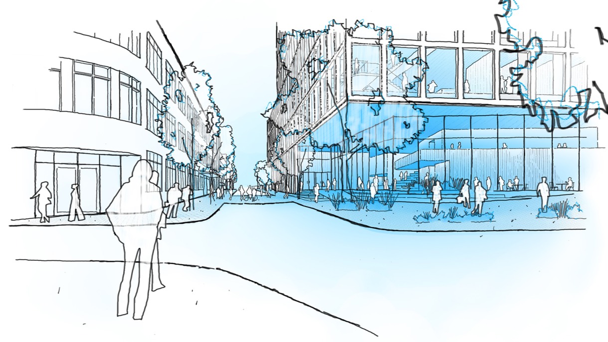 Artist rendering of the exterior of the proposed Integrated Life Sciences Building.