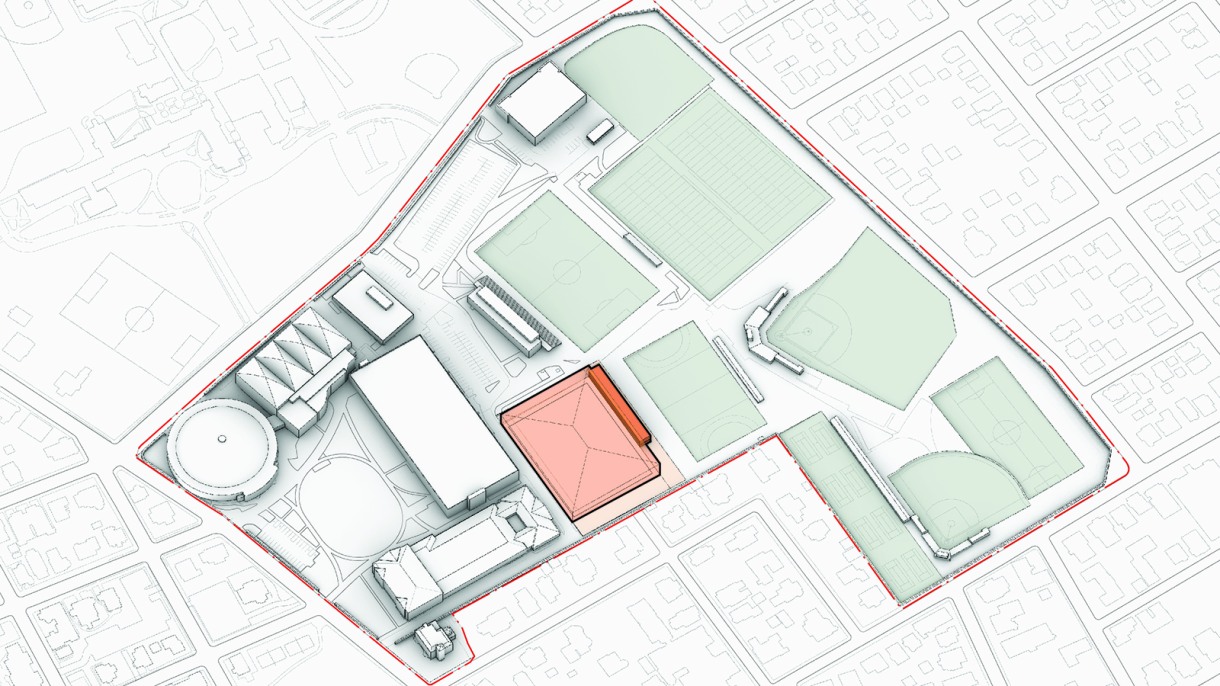 Artist rendering of an aerial view of the proposed indoor practice facility at Brown.