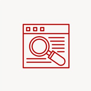 Red icon of a webpage with a magnifying glass over it against a tan background.